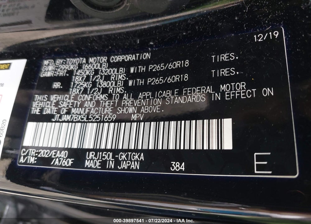 2020 LEXUS 460 PREMIUM VIN: JTJAM7BX5L5251659