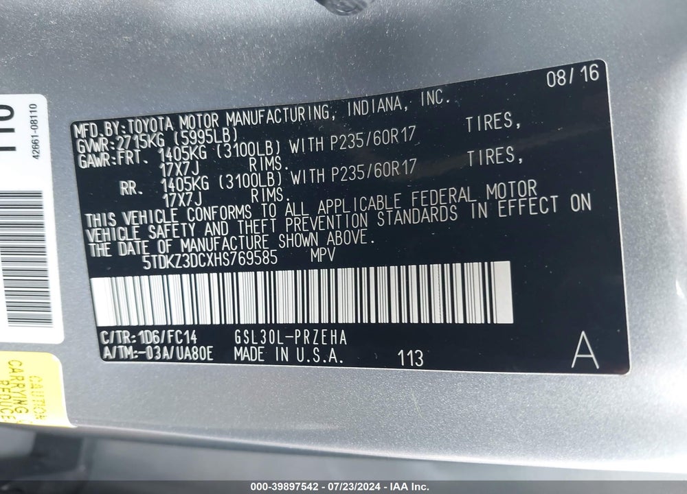 2017 TOYOTA SIENNA LE 8 PASSENGER VIN: 5TDKZ3DCXHS769585