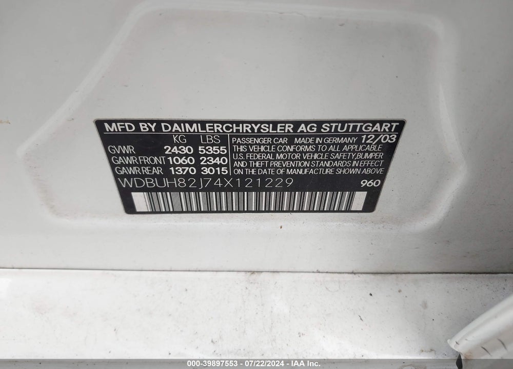 2004 MERCEDES-BENZ E 320 4MATIC VIN: WDBUH82J74X121229