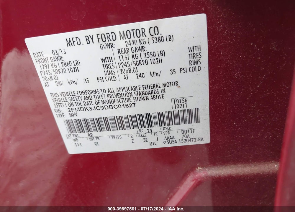 2013 FORD EDGE SEL VIN: 2FMDK3JC9DBC01627
