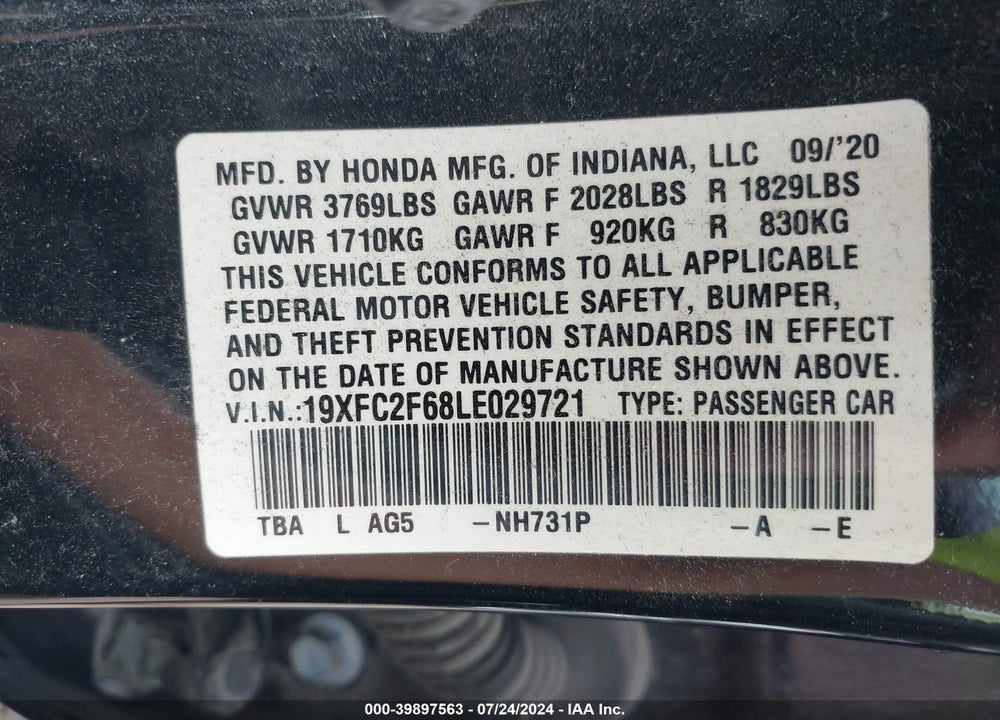 2020 HONDA CIVIC LX VIN: 19XFC2F68LE029721