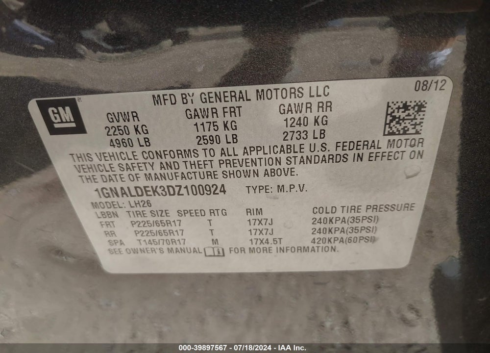 2013 CHEVROLET EQUINOX 1LT VIN: 1GNALDEK3DZ100924