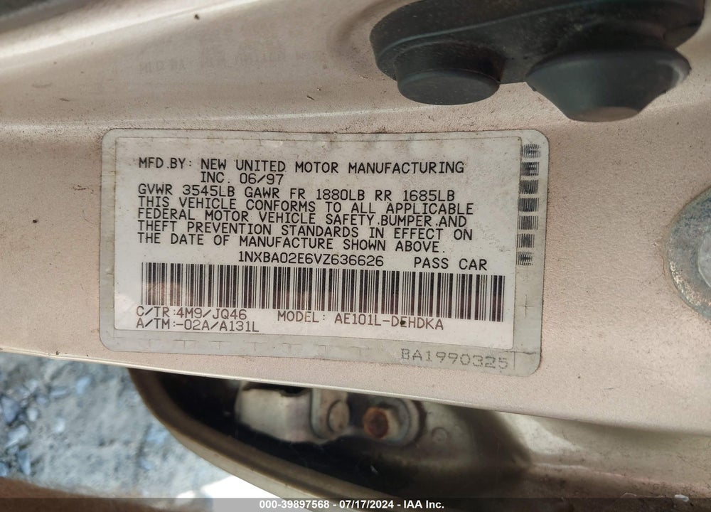 1997 TOYOTA COROLLA CE VIN: 1NXBA02E6VZ636626