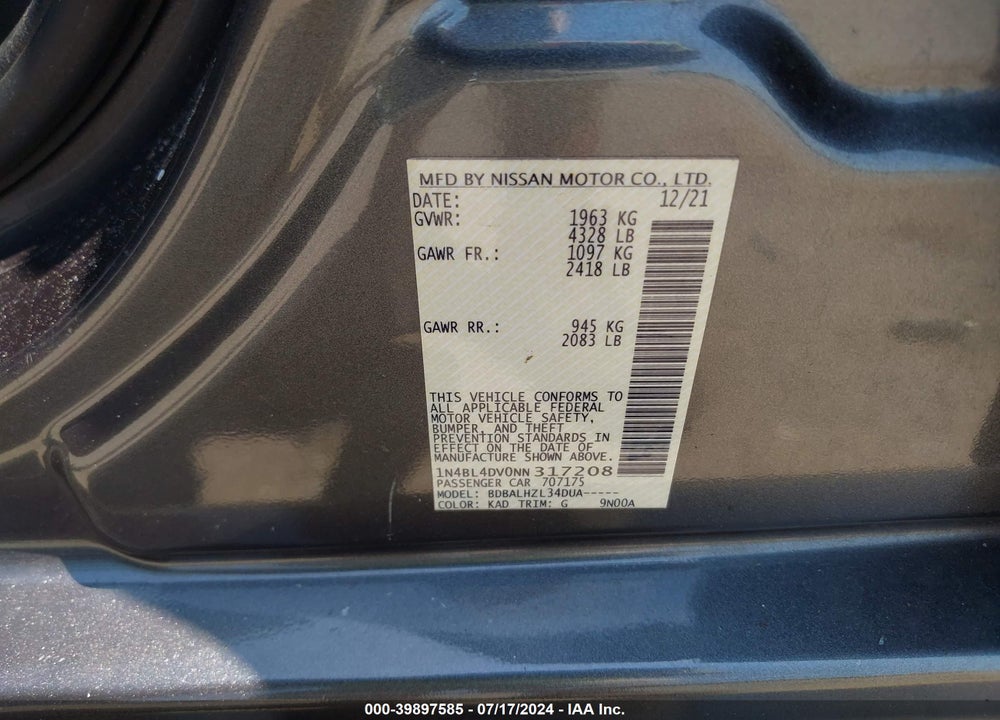 2022 NISSAN ALTIMA SV FWD VIN: 1N4BL4DV0NN317208