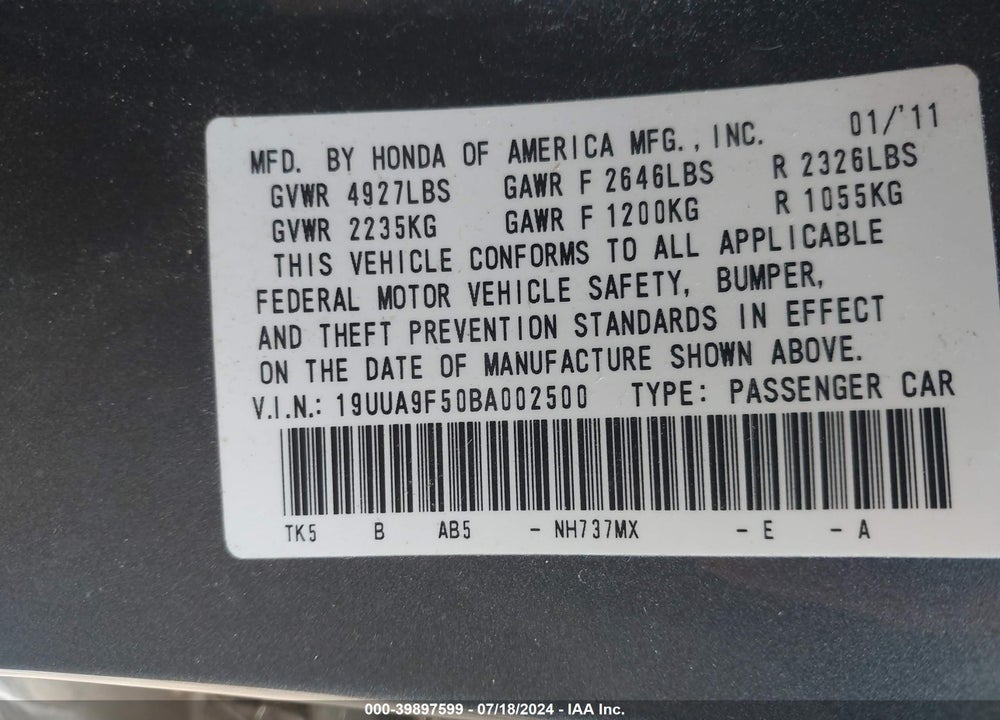 2011 ACURA TL 3.7 VIN: 19UUA9F50BA002500
