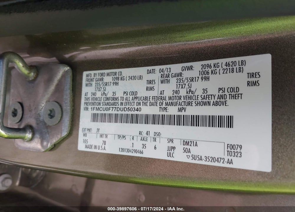 2013 FORD ESCAPE S VIN: 1FMCU0F77DUD50340