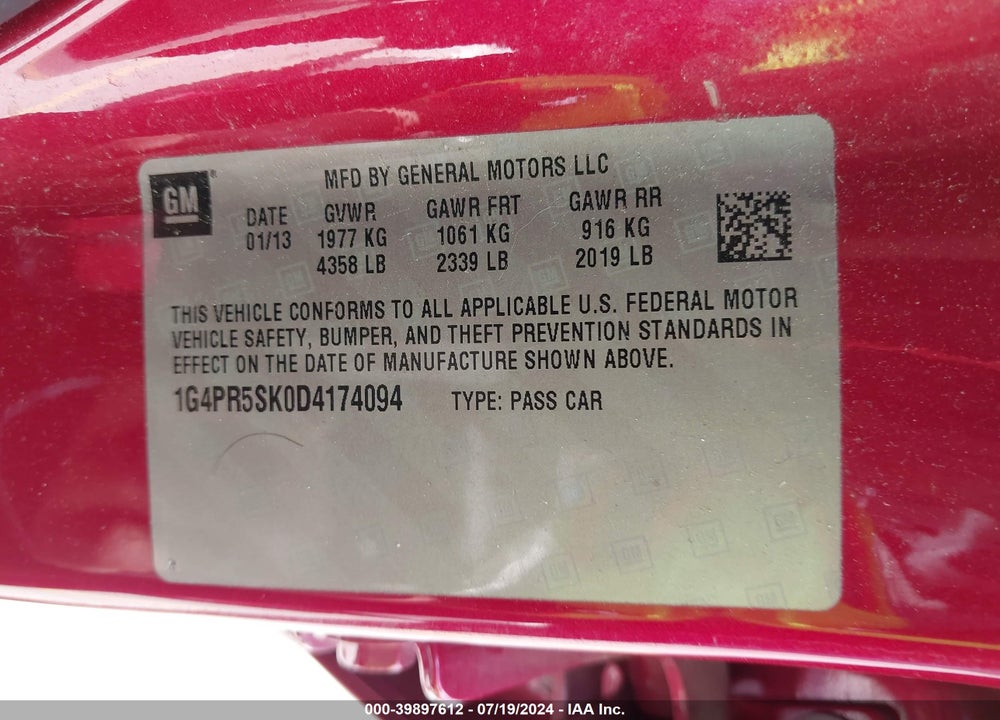 2013 BUICK VERANO CONVENIENCE GROUP VIN: 1G4PR5SK0D4174094
