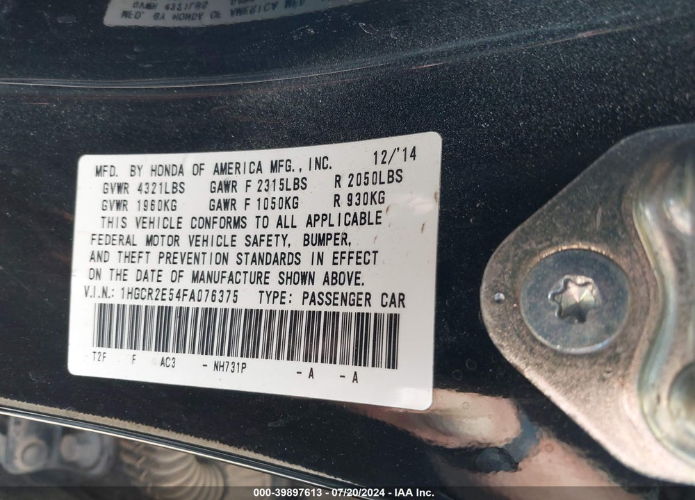 2015 HONDA ACCORD SPORT VIN: 1HGCR2E54FA076375