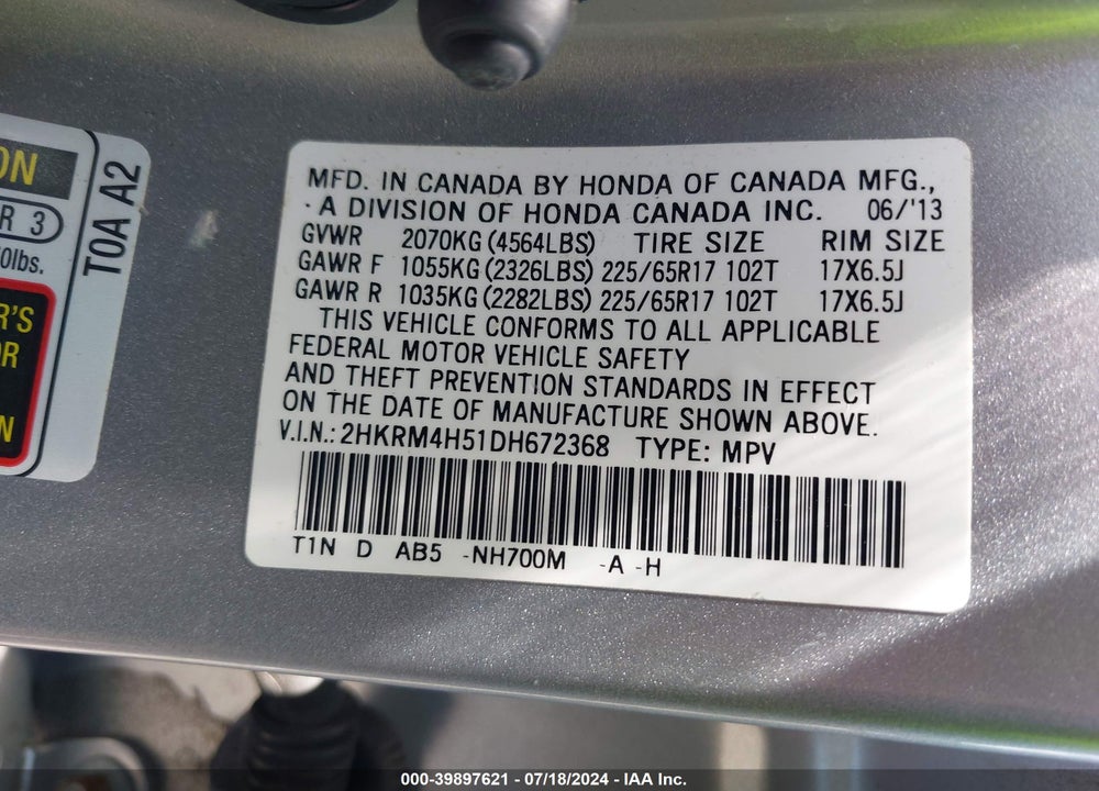 2013 HONDA CR-V EX VIN: 2HKRM4H51DH672368