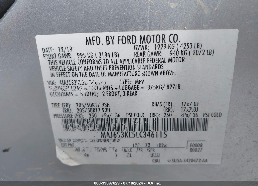2020 FORD ECOSPORT TITANIUM VIN: MAJ6S3KL5LC346115
