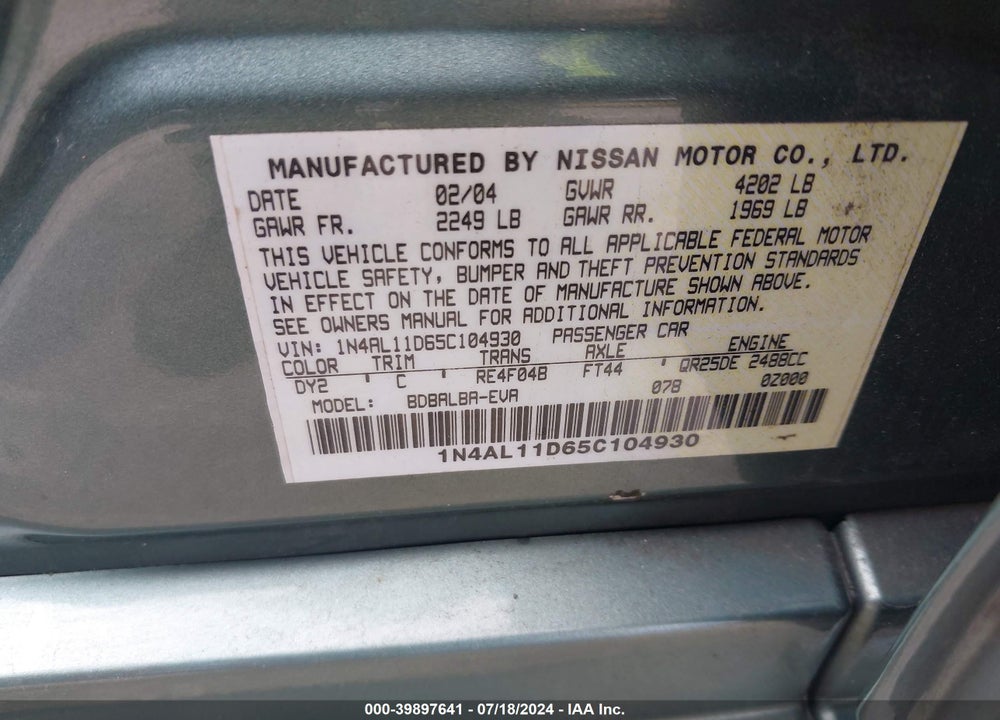 2005 NISSAN ALTIMA VIN: 1N4AL11D65C104930