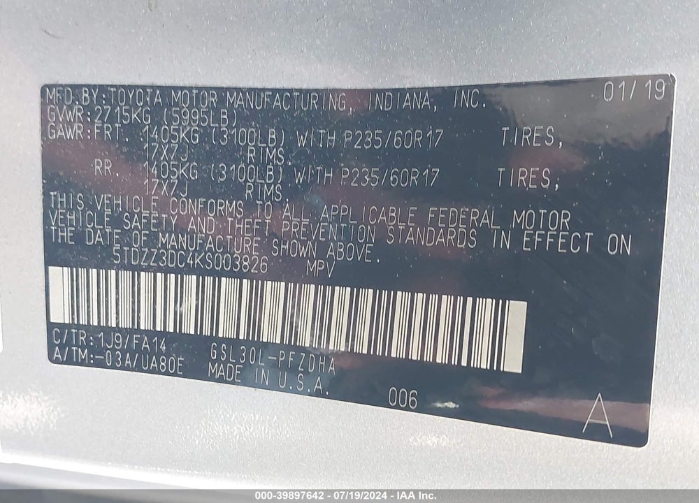2019 TOYOTA SIENNA L 7 PASSENGER VIN: 5TDZZ3DC4KS003826