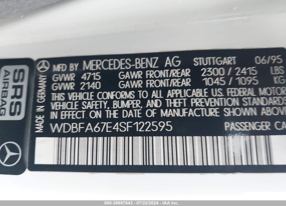 1995 MERCEDES-BENZ SL 500 VIN: WDBFA67E4SF122595