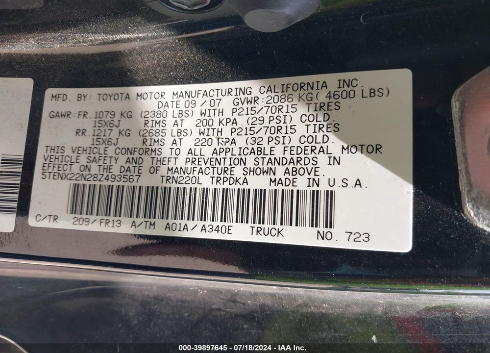 2008 TOYOTA TACOMA VIN: 5TENX22N28Z493567