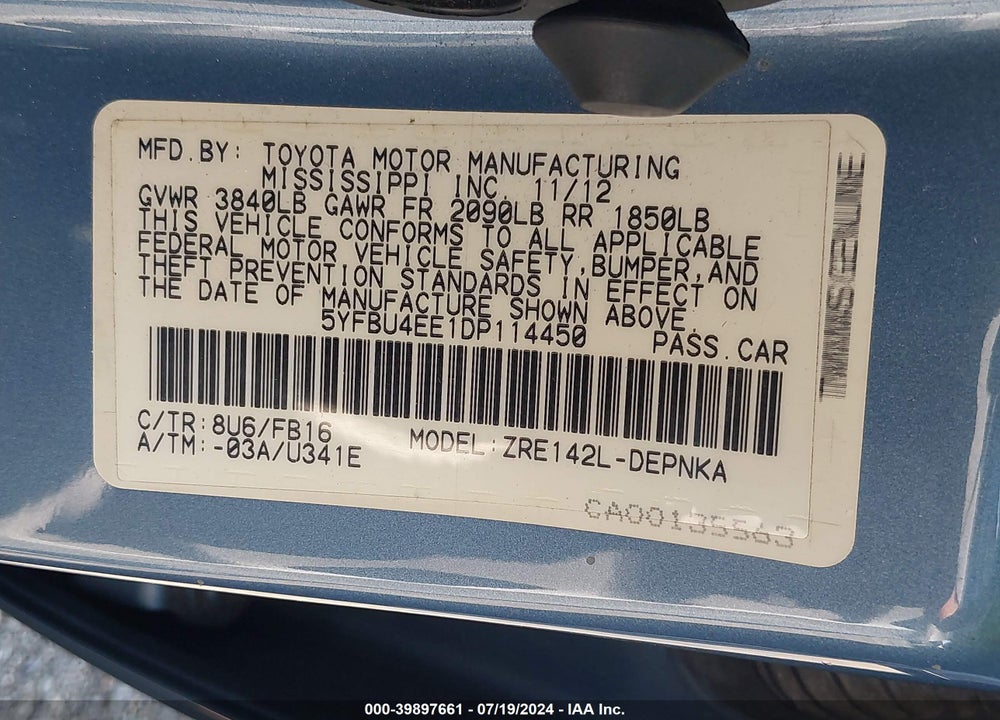 2013 TOYOTA COROLLA LE VIN: 5YFBU4EE1DP114450