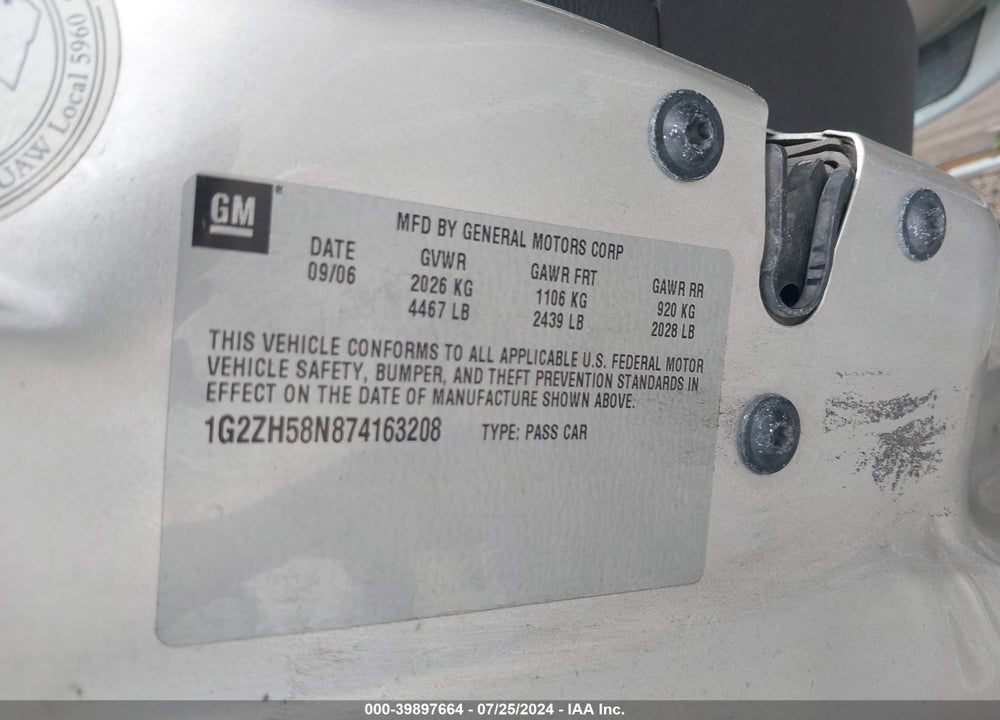 2007 PONTIAC G6 GT VIN: 1G2ZH58N874163208