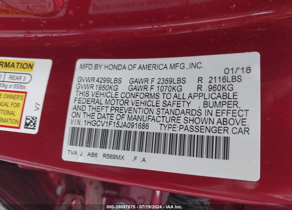 2018 HONDA ACCORD LX VIN: 1HGCV1F15JA091686
