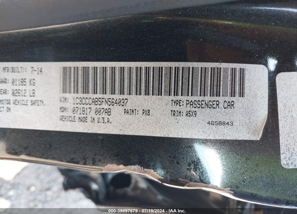2015 CHRYSLER 200 LIMITED VIN: 1C3CCCAB5FN564037