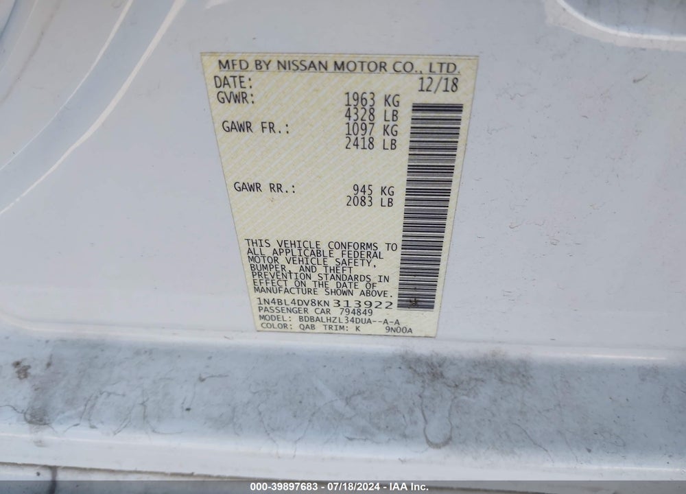 2019 NISSAN ALTIMA 2.5 SV VIN: 1N4BL4DV8KN313922