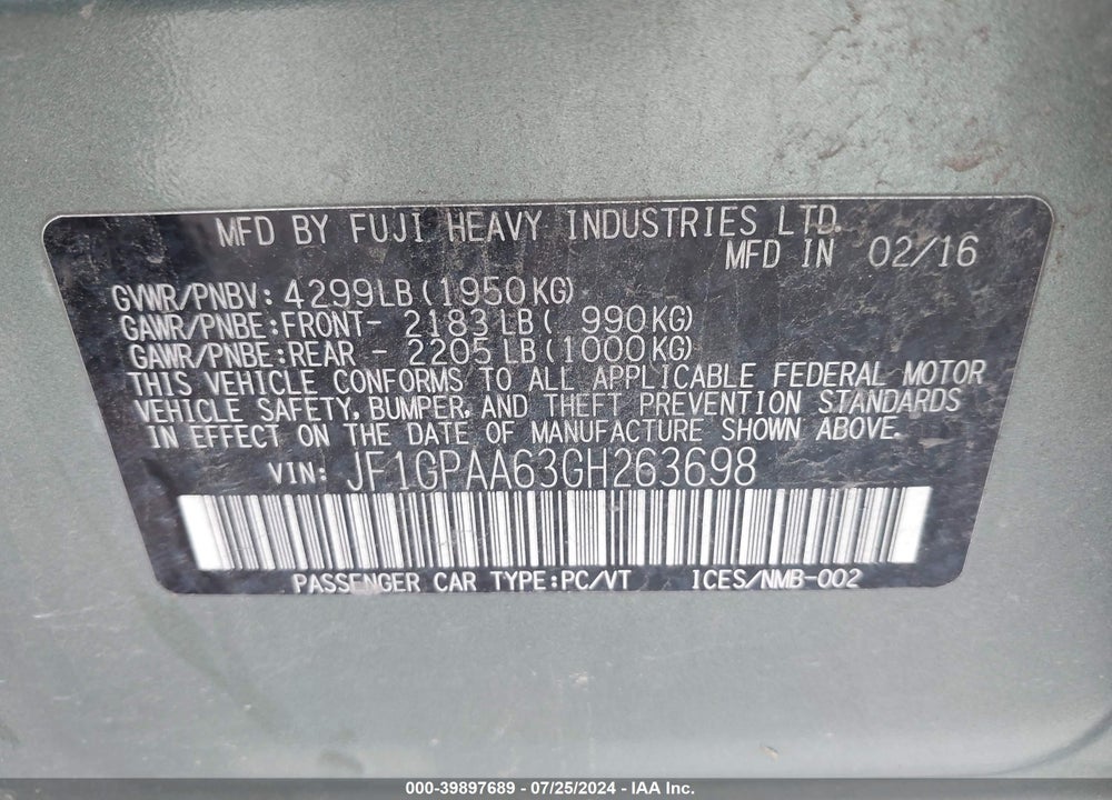 2016 SUBARU IMPREZA 2.0I VIN: JF1GPAA63GH263698