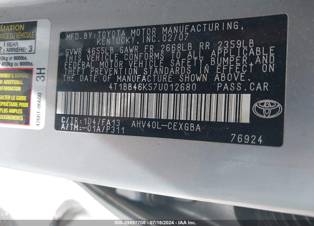 2007 TOYOTA CAMRY HYBRID VIN: 4T1BB46K57U012680