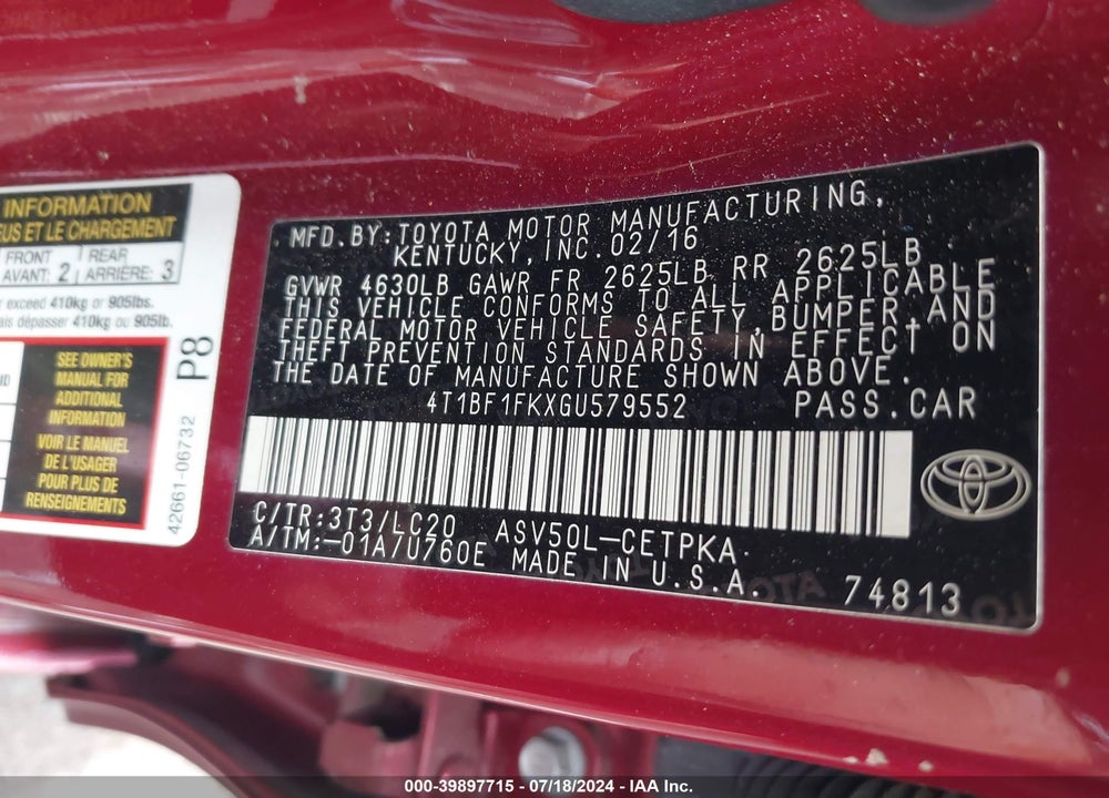 2016 TOYOTA CAMRY VIN: 4T1BF1FKXGU579552