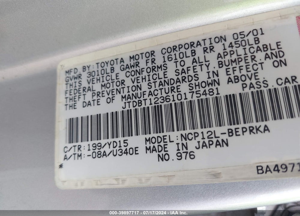2001 TOYOTA ECHO VIN: JTDBT123610175481