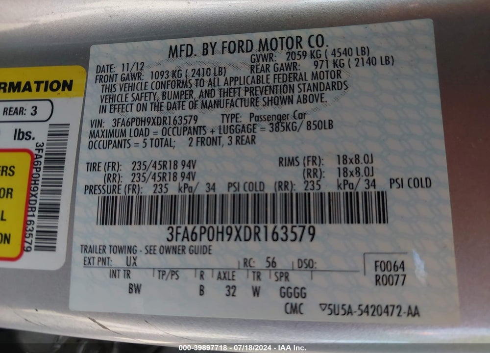 2013 FORD FUSION SE VIN: 3FA6P0H9XDR163579