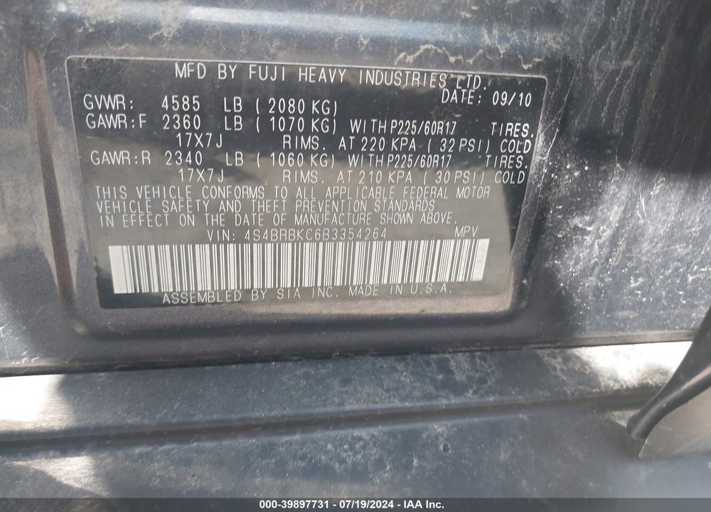 2011 SUBARU OUTBACK 2.5I LIMITED VIN: 4S4BRBKC6B3354264
