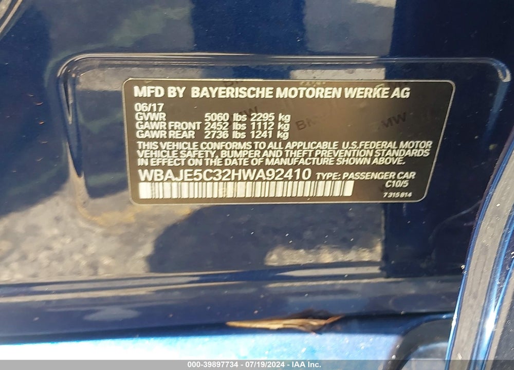 2017 BMW 540I VIN: WBAJE5C32HWA92410
