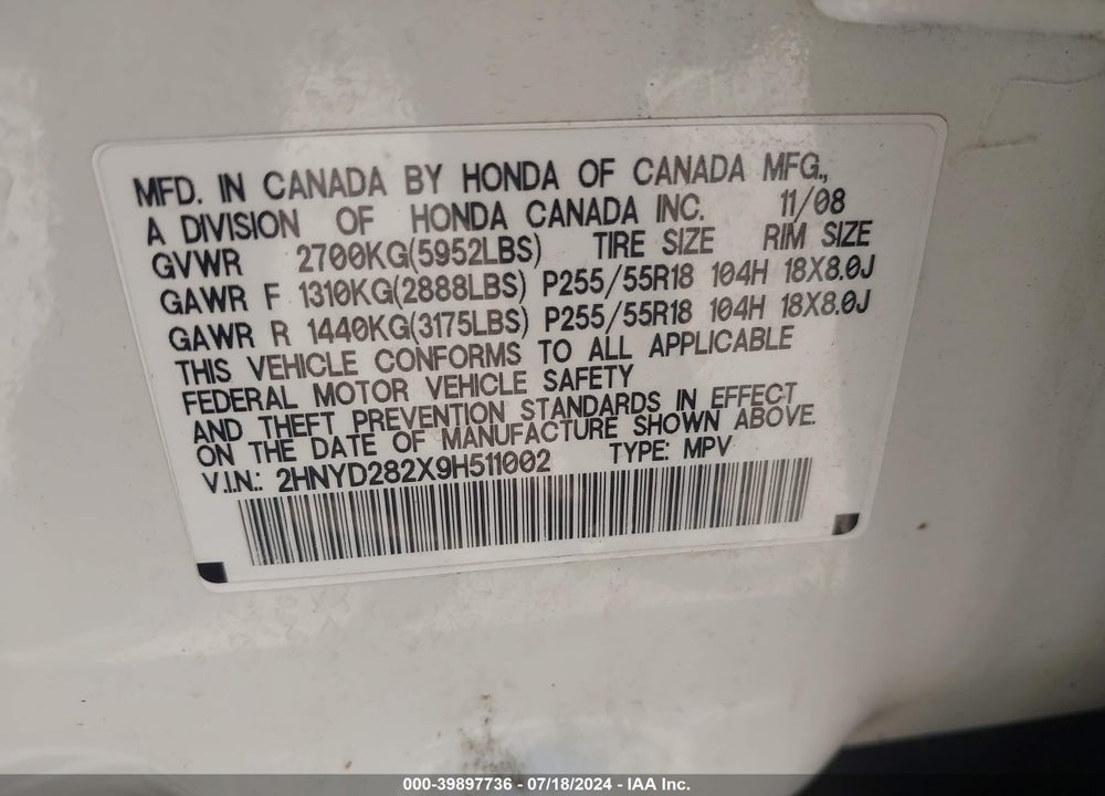 2009 ACURA MDX VIN: 2HNYD282X9H511002