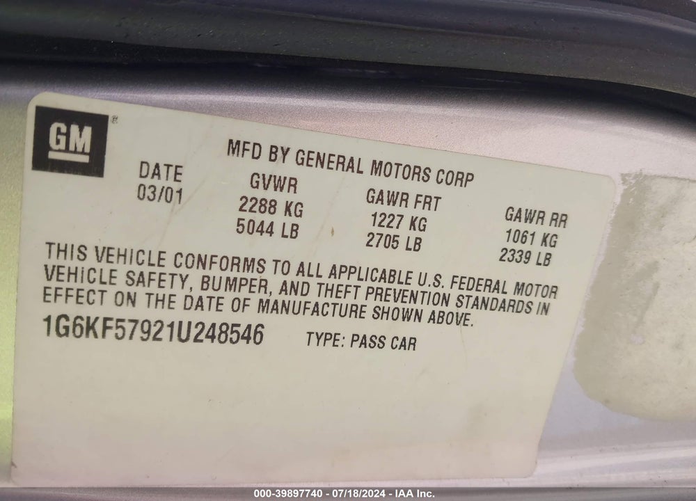 2001 CADILLAC DEVILLE DTS VIN: 1G6KF57921U248546