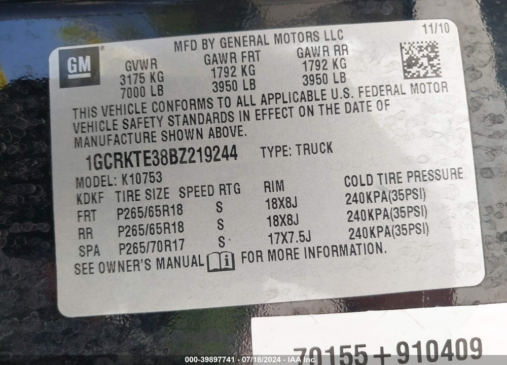 2011 CHEVROLET SILVERADO 1500 LTZ VIN: 1GCRKTE38BZ219244