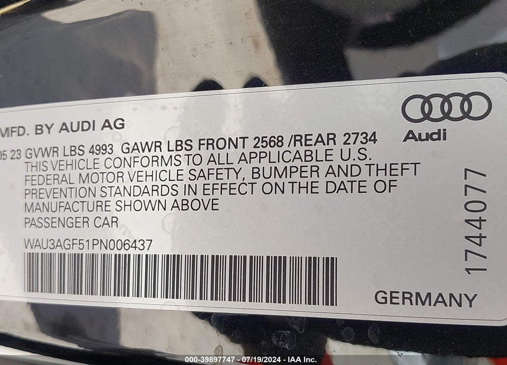 2023 AUDI A5 CABRIOLET PREMIUM 45 TFSI S LINE QUATTRO S TRONIC VIN: WAU3AGF51PN006437