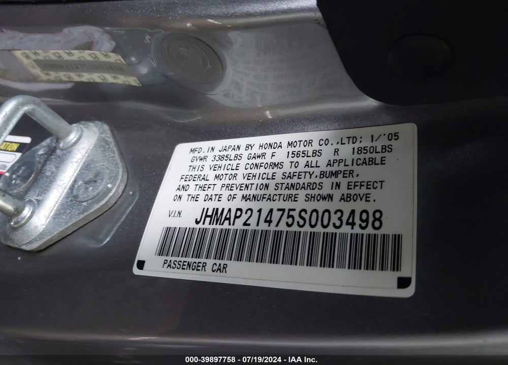 2005 HONDA S2000 VIN: JHMAP21475S003498