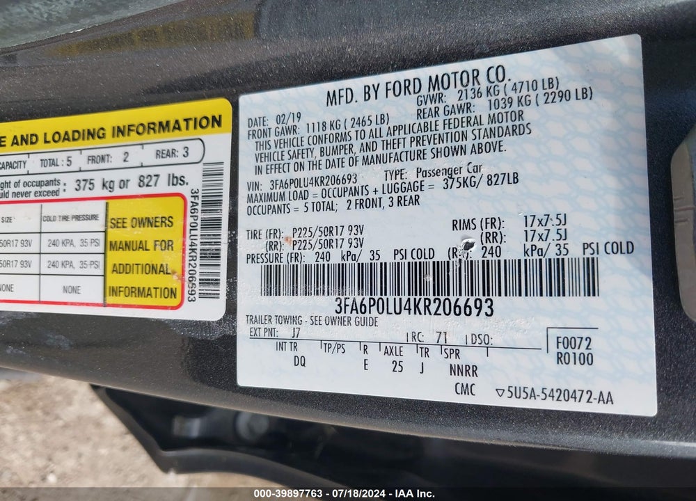 2019 FORD FUSION HYBRID SE VIN: 3FA6P0LU4KR206693