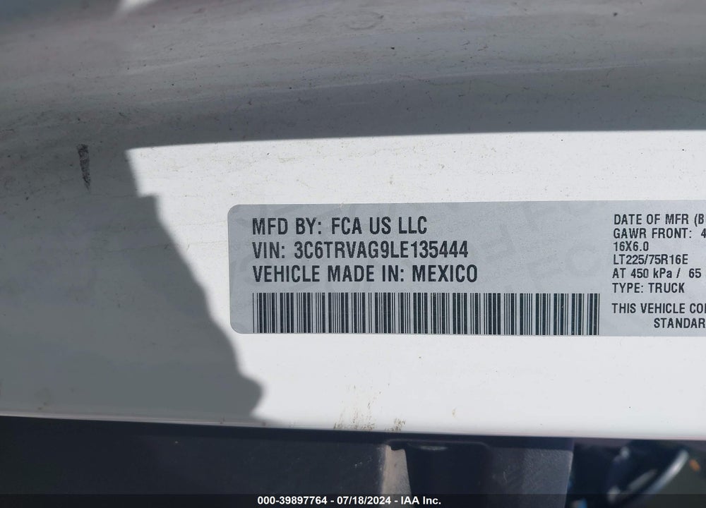 2020 RAM PROMASTER 1500 LOW ROOF 136 WB VIN: 3C6TRVAG9LE135444