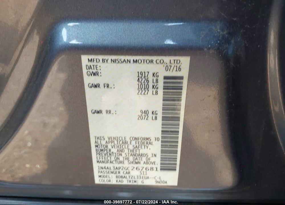 2016 NISSAN ALTIMA 2.5 SL VIN: 1N4AL3AP2GC267681