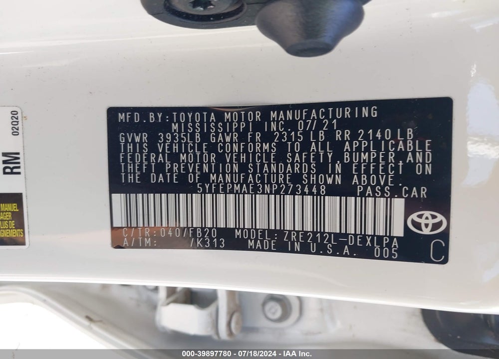 2022 TOYOTA COROLLA LE VIN: 5YFEPMAE3NP273448
