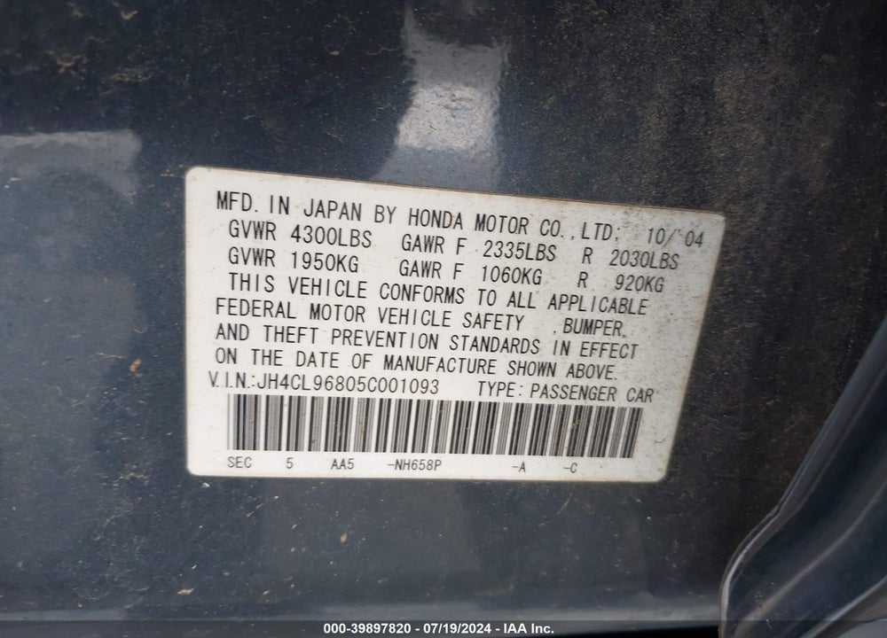 2005 ACURA TSX VIN: JH4CL96805C001093