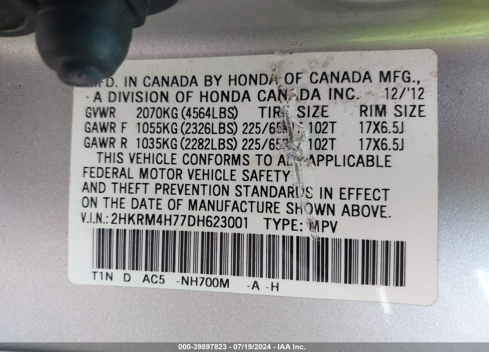 2013 HONDA CR-V EX-L VIN: 2HKRM4H77DH623001