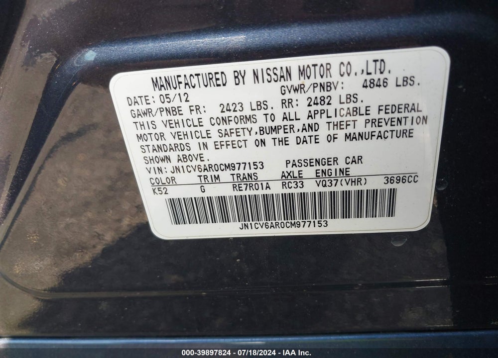 2012 INFINITI G37X VIN: JN1CV6AR0CM977153