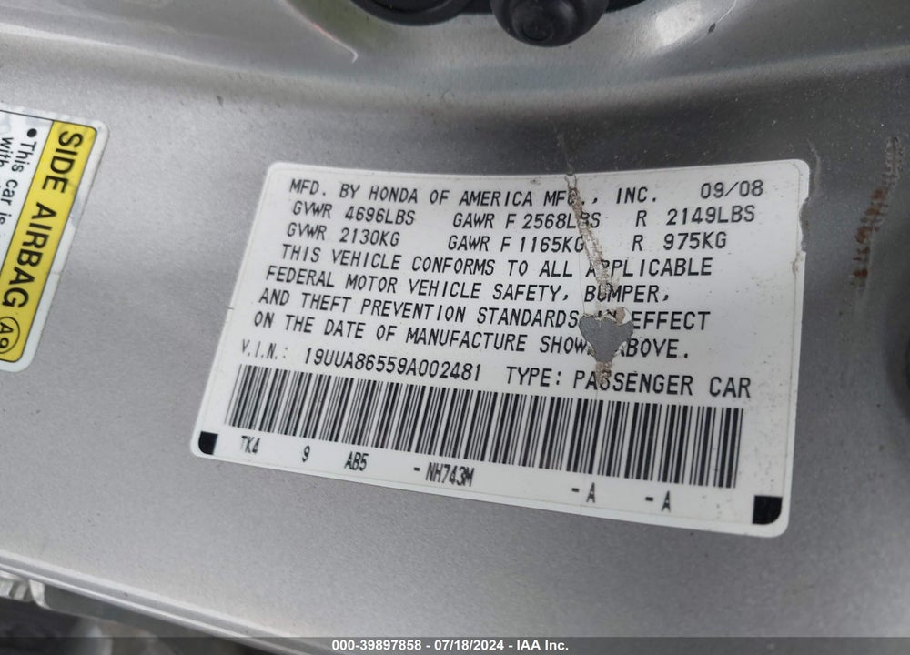 2009 ACURA TL 3.5 VIN: 19UUA86559A002481