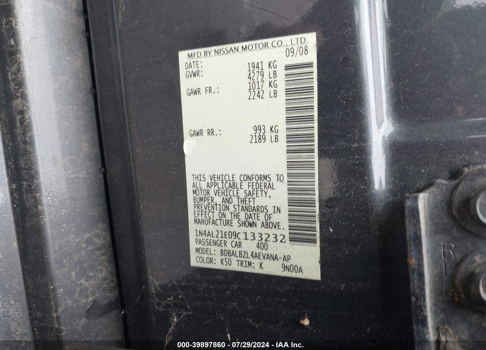 2009 NISSAN ALTIMA VIN: 1N4AL21E09C133232