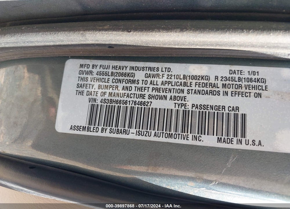 2001 SUBARU OUTBACK VIN: 4S3BH665617646627