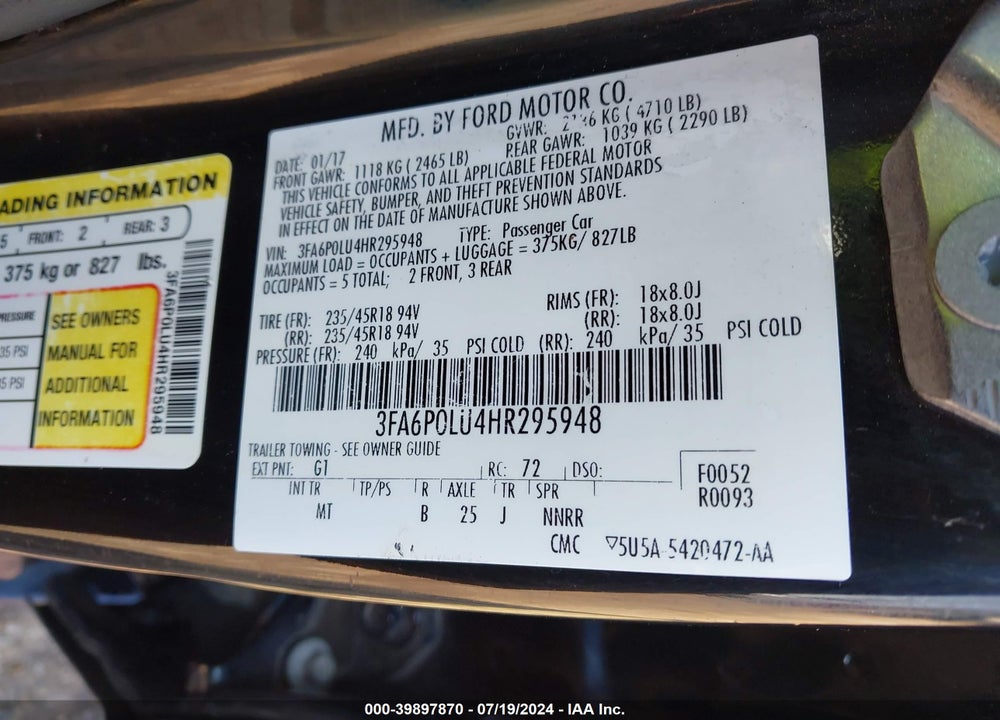 2017 FORD FUSION HYBRID SE VIN: 3FA6P0LU4HR295948