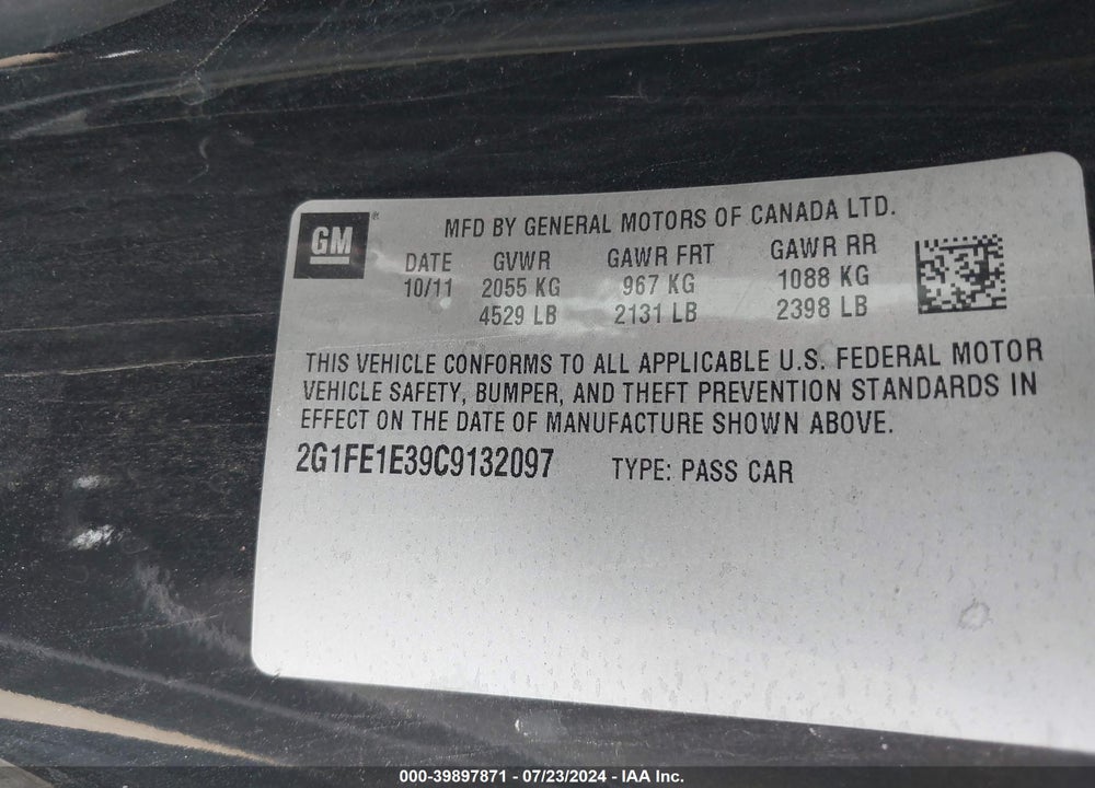 2012 CHEVROLET CAMARO 1LS VIN: 2G1FE1E39C9132097