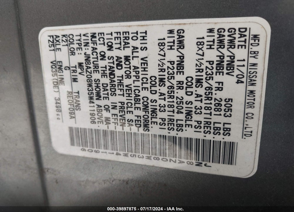 2005 NISSAN MURANO SL VIN: JN8AZ08W35W411906