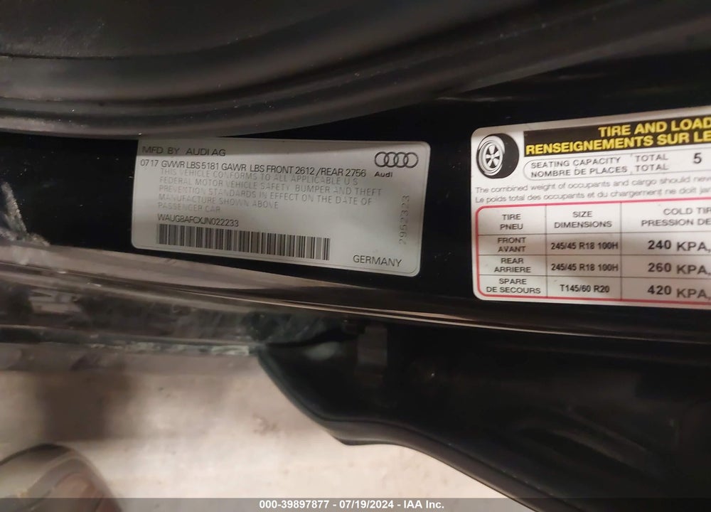 2018 AUDI A6 2.0T PREMIUM VIN: WAUG8AFCXJN022233