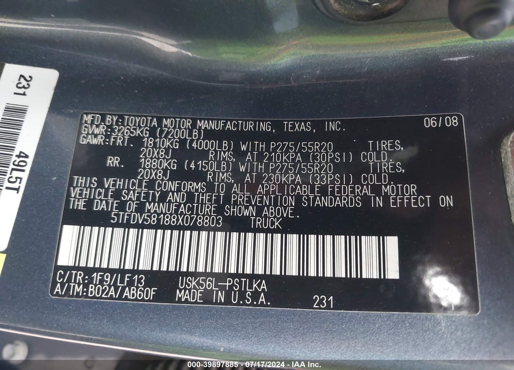 2008 TOYOTA TUNDRA LIMITED 5.7L V8 VIN: 5TFDV58188X078803